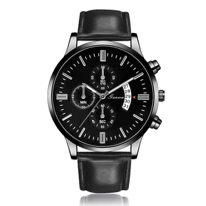 Men's quartz watch with black dial, silver metal case and black textured leather strap