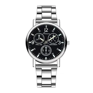 Men's business quartz watch with silver steel band and black dial by Ganwa brand