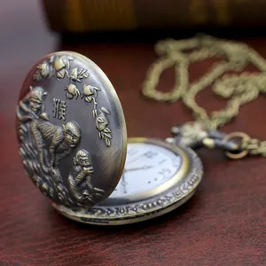 Vintage bronze pocket watch with 3D zodiac monkey relief and Roman numeral dial