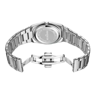 Detailed back view of stainless steel watch case with engraved brand and butterfly clasp