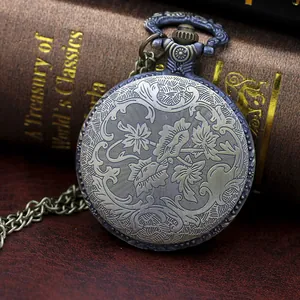 Macro shot of antique bronze pocket watch featuring detailed floral relief and metal chain