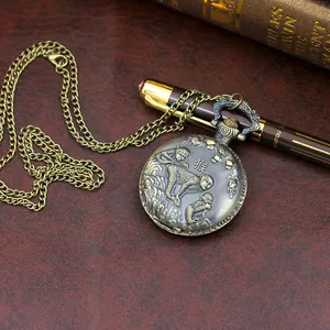Macro detail of antique bronze pocket watch featuring embossed monkeys and zodiac character