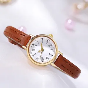 Women Vintage Minimalist Quartz Watch Round Gold Alloy Case Roman Numeral Dial Slim Faux Leather Strap Casual Wristwatch
