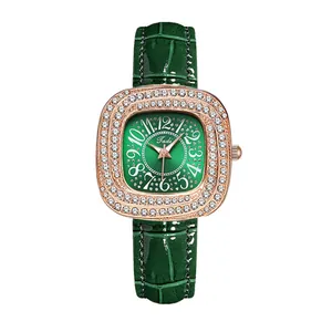 Women's rose gold square watch with green dial, crystal bezel and crocodile leather strap