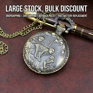 Montre à Gousset Vintage en Bronze Zodiaque Chinois Quartz Relief 3D Rabattable Montre pour Hommes Femmes Rétro Collier Pendentif Montre