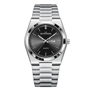 Macro detail of men's stainless steel watch featuring sunray dial and dual calendar display