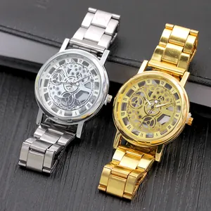 Detailed close-up of two skeleton quartz watches with metallic gears and Roman numerals