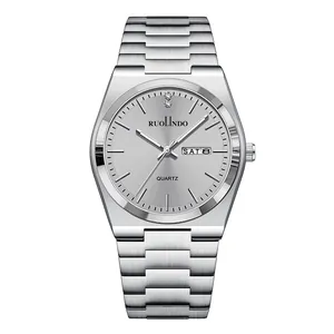 Men's silver stainless steel quartz watch with dual calendar display and luminous dial
