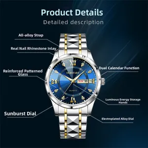 Detail view of quartz watch with luminous hands and dual calendar window on blue sunray dial