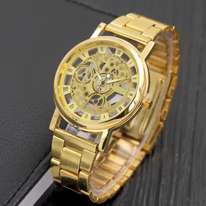 Men Luxury Hollow Out Quartz Watch Alloy Band Roman Numerals Analog Wristwatch Business Casual Decorative Fashion Watch