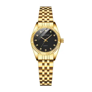 Orologio al quarzo dorato classico con quadrante nero in cristallo e cinturino in metallo