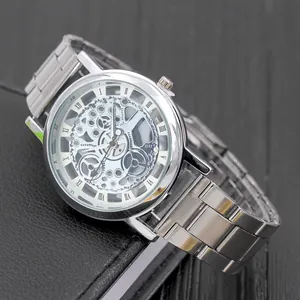 Hollow out quartz watch for men with silver metal strap and Roman numeral dial display