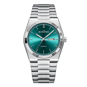 Men's stainless steel quartz watch featuring a sunray green dial with day and date display