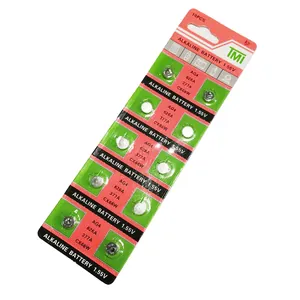 Detailed view of 1.55V AG4 377A alkaline button cell batteries in a 10-piece blister pack