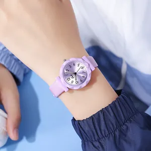 Detail view of purple student watch with geometric bezel and stylish leather strap