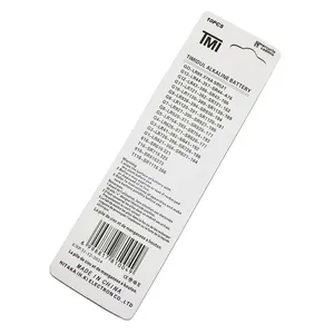 Back view of 10-piece TMI alkaline button cell battery pack with compatibility chart