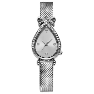 Detailed view of silver pear-shaped women watch with rhinestone bezel and mesh strap