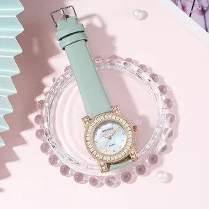 Women's Quartz Watch Luxury Rhinestone Bezel Mother of Pearl Dial Fashion Casual Alloy Leather Strap Wristwatch