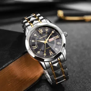 Macro view of a two-tone quartz watch with double calendar display and Roman numerals
