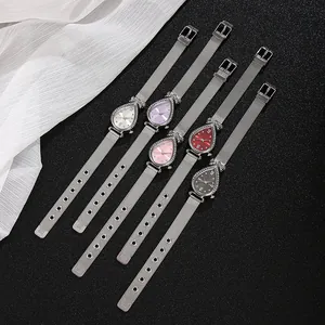 Elegant water-drop quartz watches with rhinestone bezel and silver mesh band for women