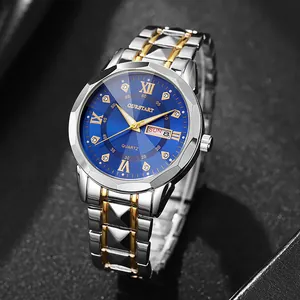 OURSTART Men's quartz watch with blue dial, dual calendar, and silver-gold steel bracelet