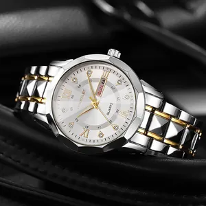 Two-tone silver and gold quartz watch with polygonal bezel and day-date display window