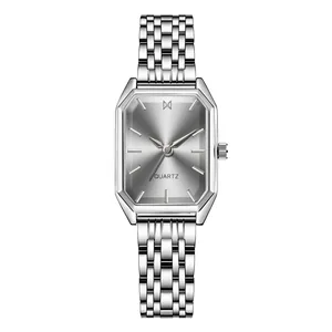 Elegant silver steel quartz watch for women with octagonal dial and link bracelet