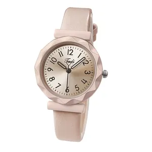 Pink quartz watch for women with gear-edge bezel and minimalist leather strap