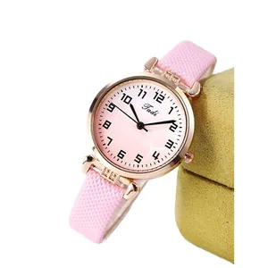 Pink gradient dial women's quartz watch with rose gold case and pink leather strap