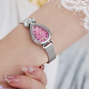Teardrop quartz watch with rhinestone bezel and pink marble dial on Milanese mesh band
