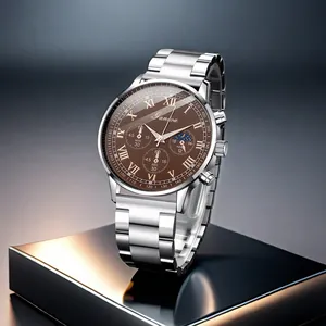 Detailed view of the Ganoa men's watch with brown dial and three functional sub-dials