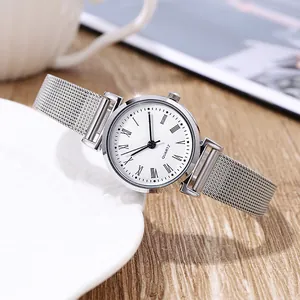 Detailansicht einer silbernen Quarzuhr mit Mesh-Armband und römischen Ziffern