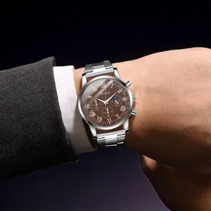 Close-up of Geneva men's steel watch with brown dial and golden Roman numerals
