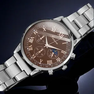 Detailed macro view of Geneva men's steel watch with brown dial and Roman numerals