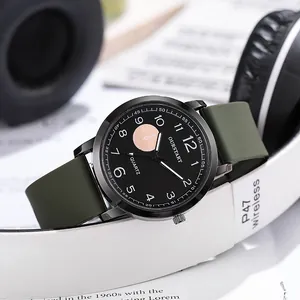 Minimalist quartz watch with army green silicone strap and large black numeric dial