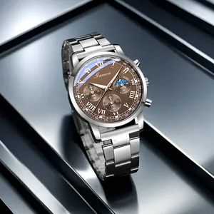 Men's silver stainless steel business watch with dark brown chronograph dial