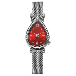 Elegant water-drop shaped ladies' watch with red dial and crystal-encrusted mesh band