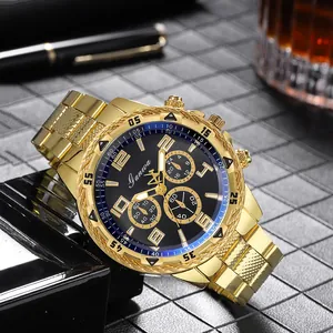Macro shot of gold-plated quartz watch with black dial on a business lifestyle background