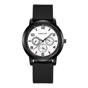 Men's minimalist quartz watch with black silicone strap and multi-function white dial