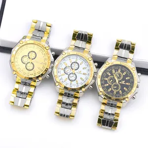 Gros plan de trois montres Orlando pour hommes avec bracelets bicolores et cadrans multicolores