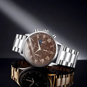 Detailed side view of Geneva men's steel watch with moon phase and chronograph sub-dials