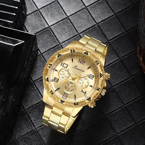 Close-up of gold quartz watch with three sub-dials and metal strap on black texture
