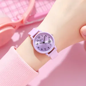 Wrist view of purple Tadi quartz watch with butterfly dial and matching silicone strap