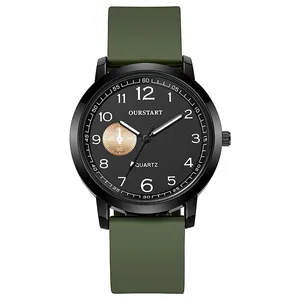 Detail view of the matte black case and olive green silicone strap on this quartz watch