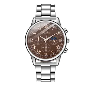 Men's business watch with silver stainless steel strap and brown roman numeral dial