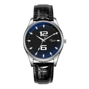Herren-Quarzuhr mit blauem Farbverlauf-Glaszifferblatt und schwarzem Lederarmband