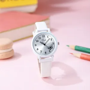 Detail of white leather watch strap with butterfly dial and Arabic numeral markers