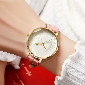 Detail shot of a women quartz watch with 3D white bow dial and pink leather strap