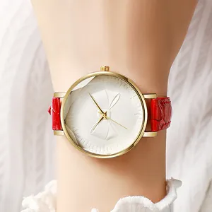 Elegant women's quartz watch with a white 3D bow dial and red crocodile leather strap