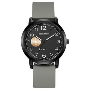 Modern quartz watch with a large black dial and grey silicone strap on a white background